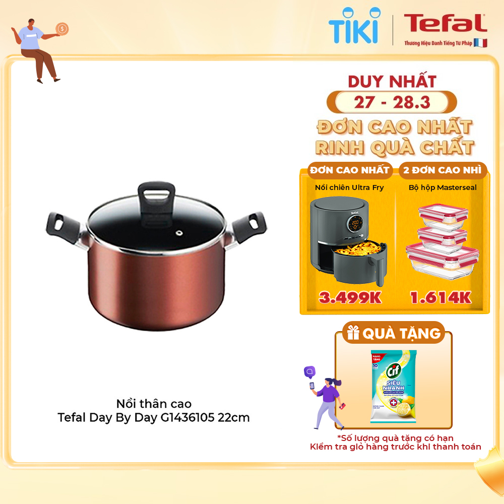 Nồi thân cao Tefal Day By Day G1436105 22Cm - Lớp phủ Titanium nonstick mang lại khả năng chống dính tuyệt vời và độ bền vượt trội - Hàng chính hãng