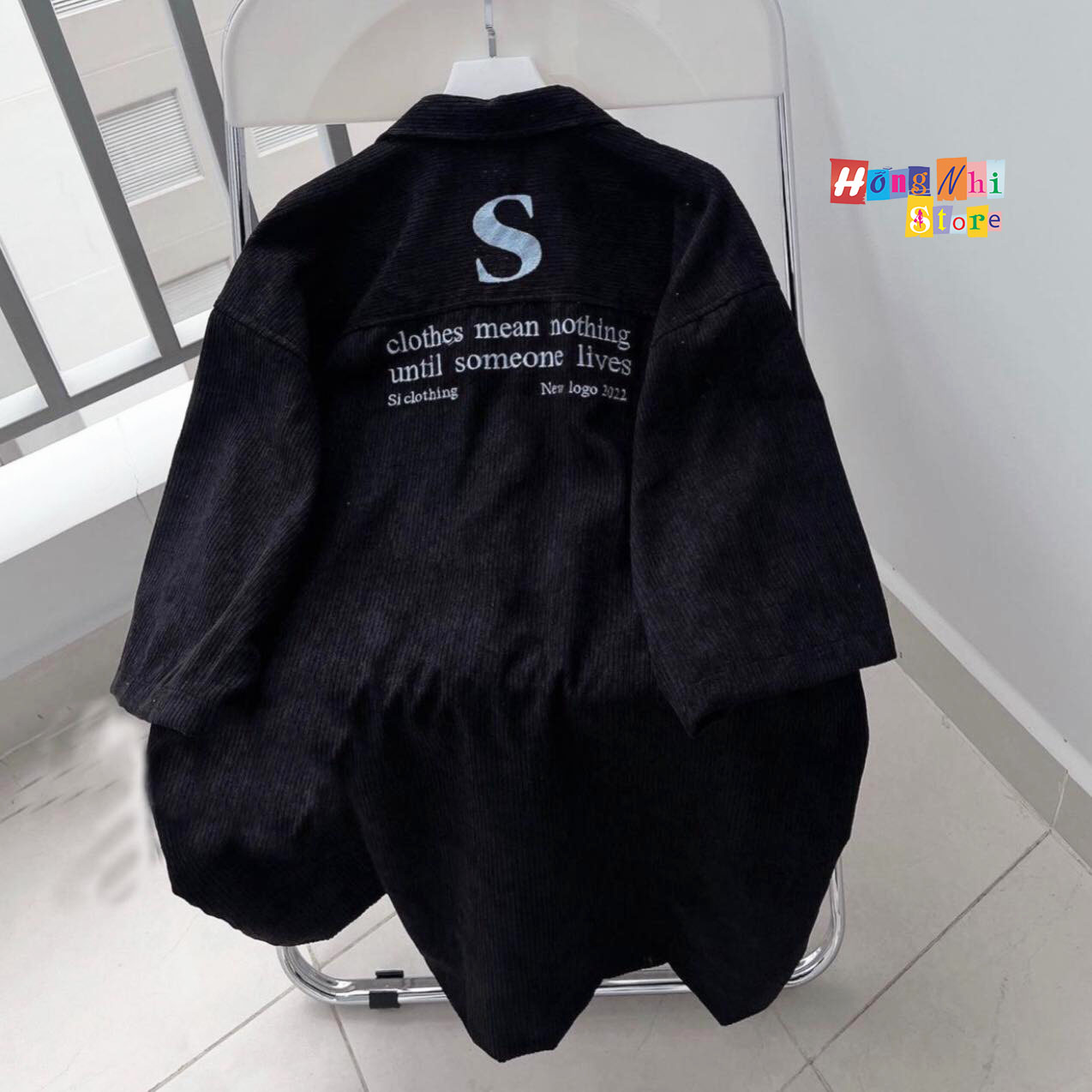 Áo Sơ Mi Nhung Tăm Thêu Chữ S Bắt Tay Dáng Rộng Nam Nữ Ulzzang Unisex - MM