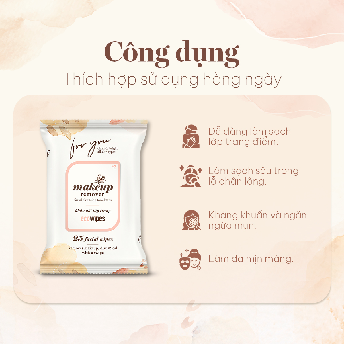 Khăn giấy ướt tẩy trang Makeup Remover Ecowipes gói 25 tờ làm sạch lớp trang điểm nhanh chóng