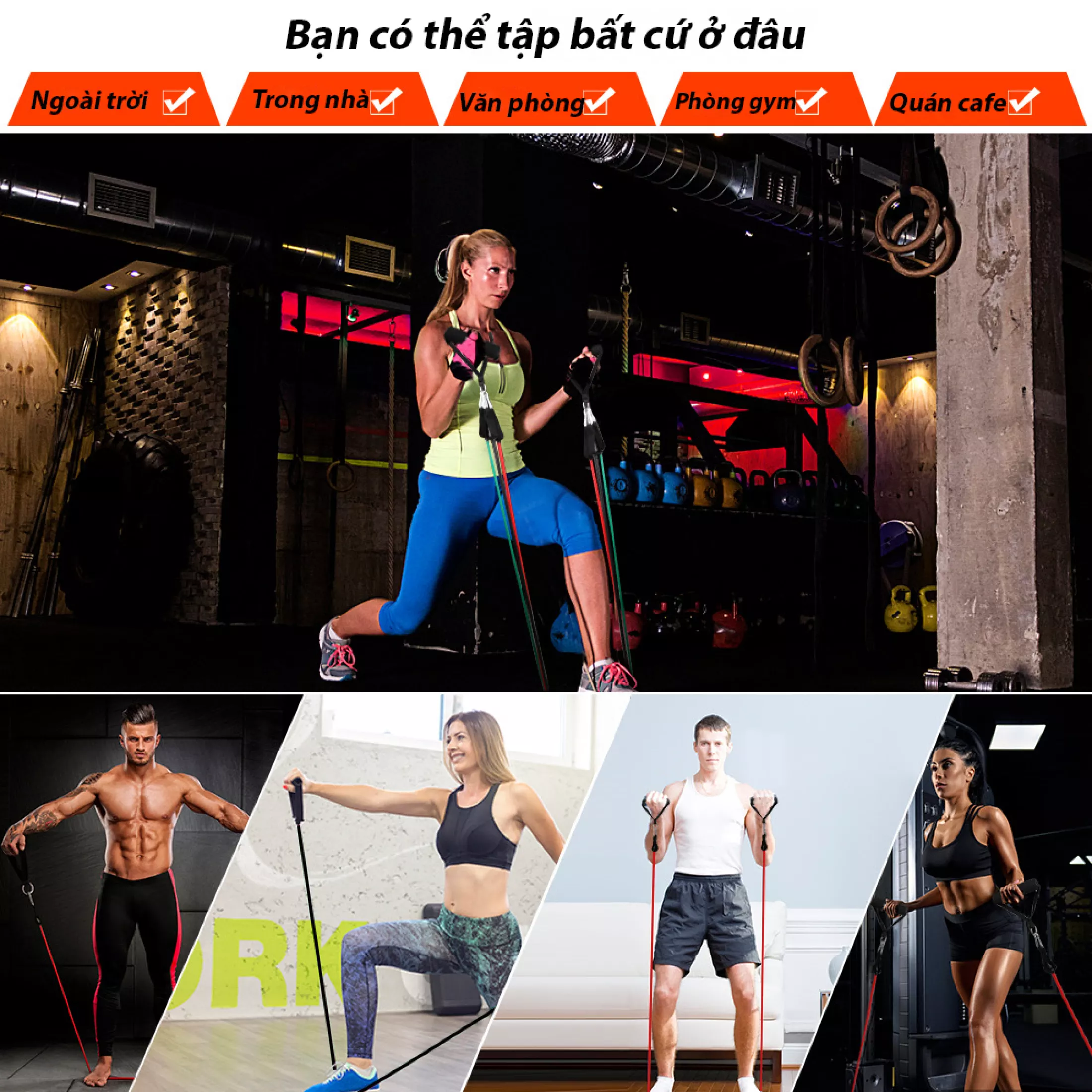 Bộ 5 Dây Tập Gym Ngũ Sắc, Kháng Lực Cao, Tặng Kèm Túi Đựng Chống Nước