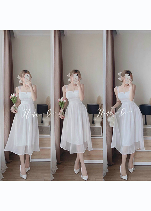 Đầm Voan Trắng 2 Dây Form Dài Cổ Cách Điệu Thời Trang