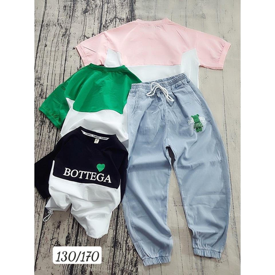 Quần áo bé gái, áo thun phối 2 màu vải và quần dài denim cho bé gái phong cách hip hop từ 25-50kg hàng Quảng Châu