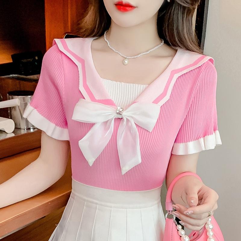 Áo len nữ dệt kim Montoghi CÀI NƠ CỔ dáng ôm kết hợp TAY BÈO Quảng Châu ngắn xinh xắn