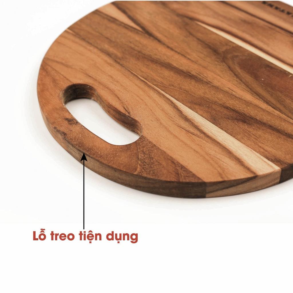 Thớt Gỗ Teak Cao Cấp KATANA - Hình Tròn - Có Tay Cầm và Lỗ Treo - Hàng Chính Hãng BH 12 Tháng 1 Đổi 1 Trong 7 Ngày