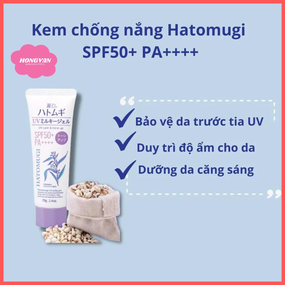 Kem chống nắng nâng tông SPF 50+ tuýp 70gr màu tím hatomugi