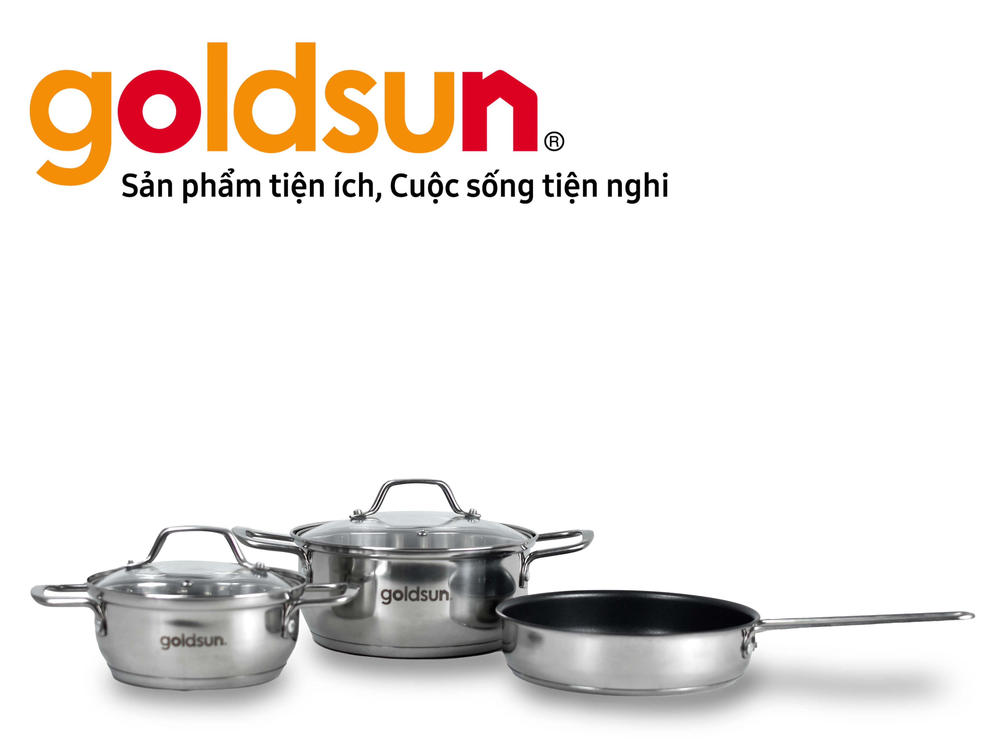 Bộ Nồi Chảo Inox 3 Đáy Goldsun GPS1790 Gồm 2 Nồi 1 Chảo Vung Kính Cường Lực Dùng Cho Mọi Loại Bếp - Hàng chính hãng Goldsun