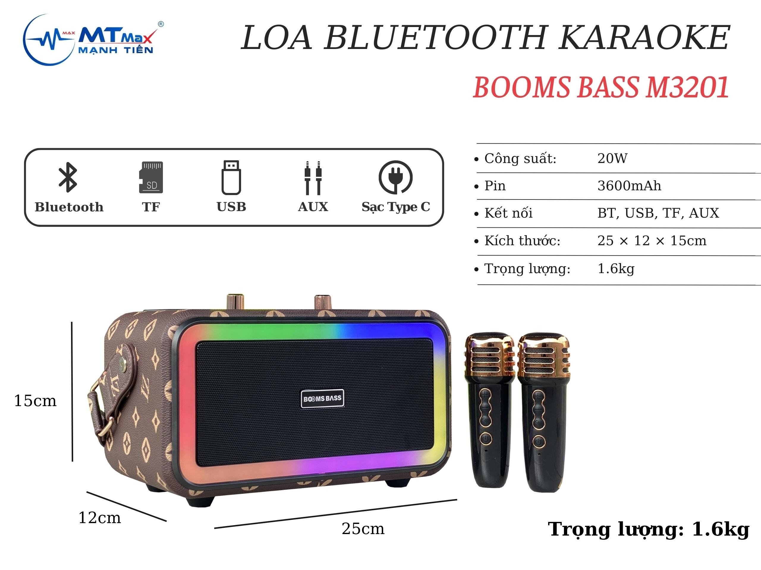 Loa Bluetooth BOOMS BASS M3201 Sang Trọng Công Suất Lớn Bass Cực Căng Kèm 2 Micro Hàng Chính Hãng Bảo Hành 12 Tháng
