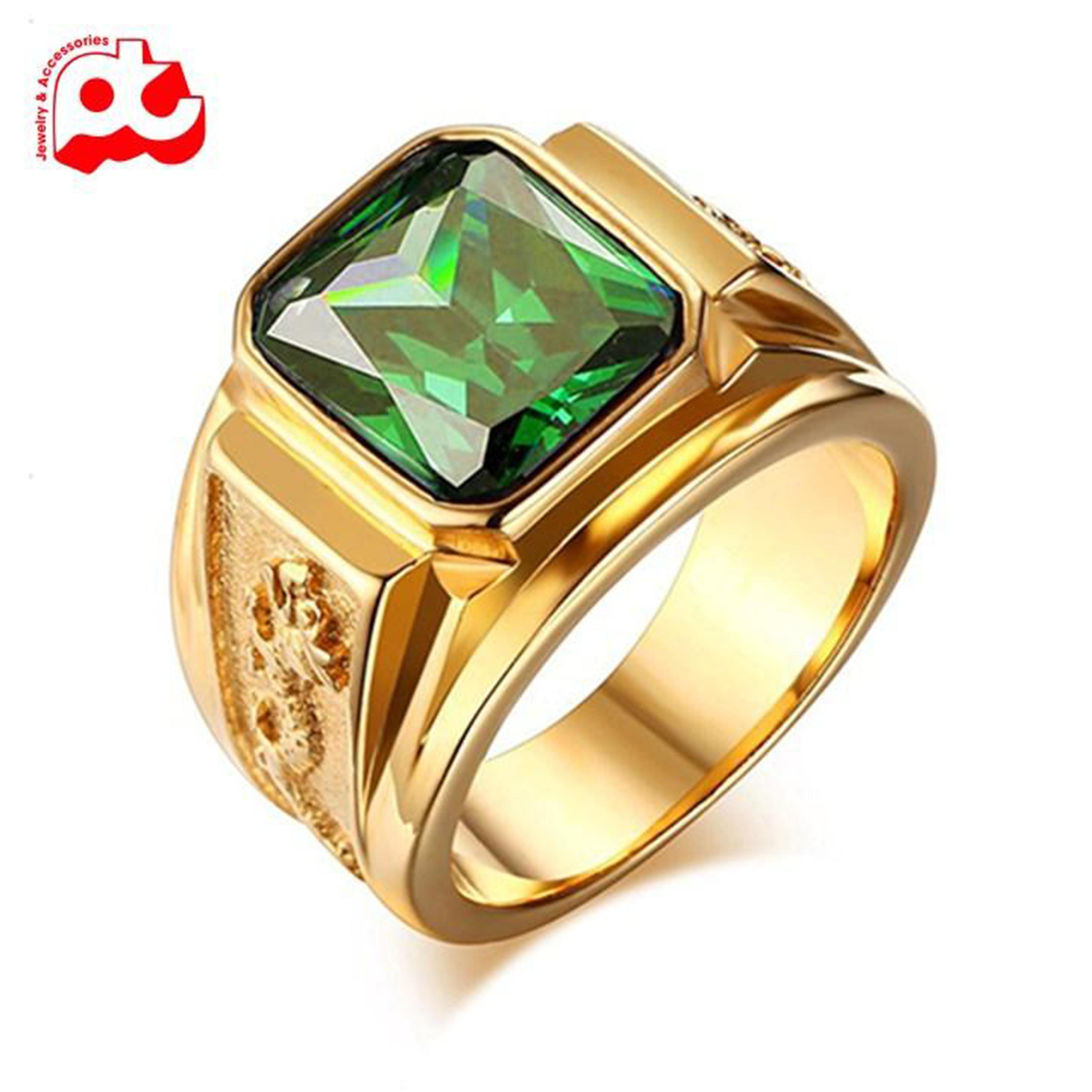 Nhẫn nam titan thời trang chạm rồng 2 bên trangsucpt đá xanh lá màu mạ vàng thép không gỉ PTNNA253 - SIZE 8
