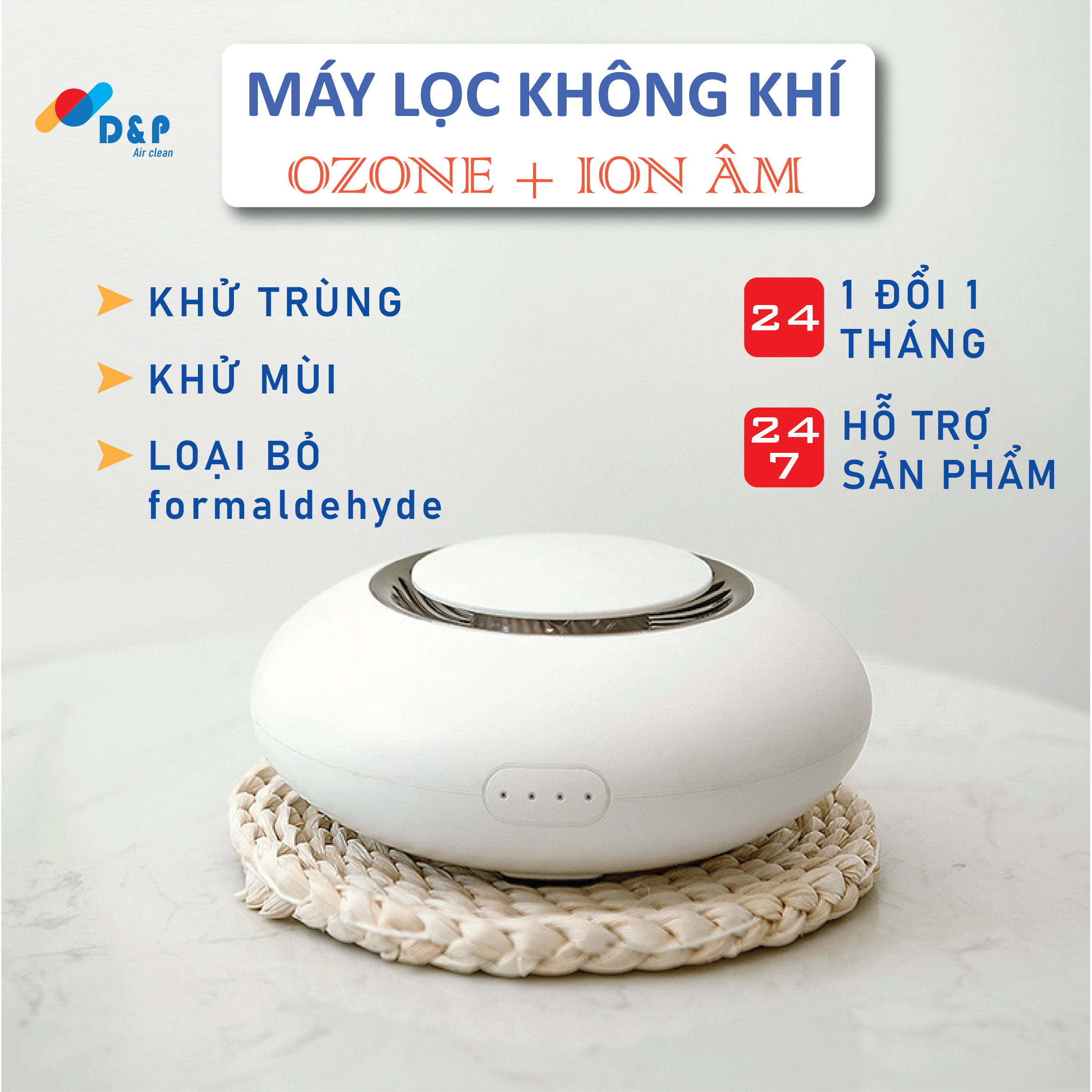 Máy Lọc Không Khí Ozone + Ion Âm Khử Mùi, Khử Trùng, Thanh Lọc Không Khí, 4 Chế Độ Thông Minh,