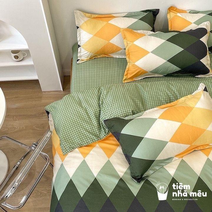 Bộ Chăn Ga Gối Cotton 3D m6/m8/2m - Full size Tiệm Nhà Mêu 2 Vỏ gối ,drap , vỏ chăn Cotton Kẻ Xanh Trắng Nhập Khẩu