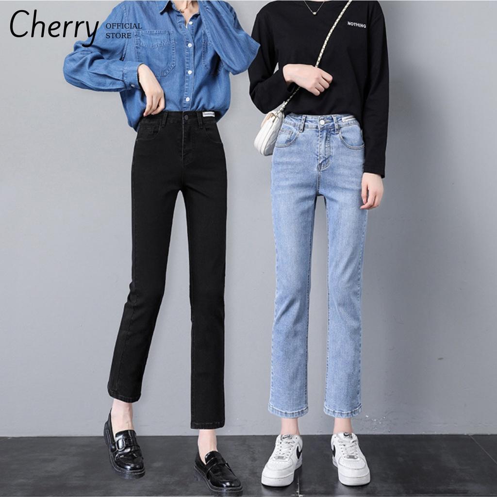 Quần jean nữ ống đứng dáng lửng co giãn cao cấp phong cách Hàn Quốc, quần bò nữ ống ngắn suông có co giãn CHERRY T029