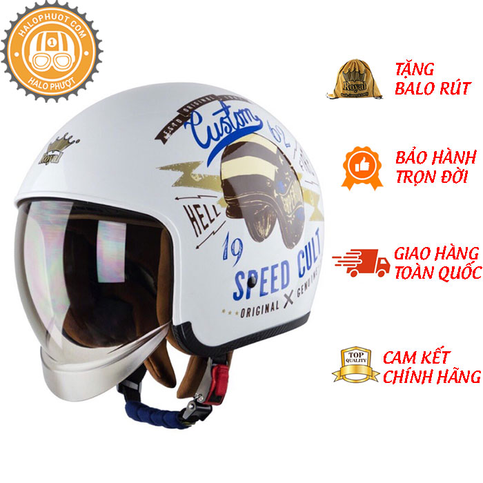 Mũ Bảo Hiểm 3/4 Đầu Royal M139 Bóng - Trắng Tem Customs (Size