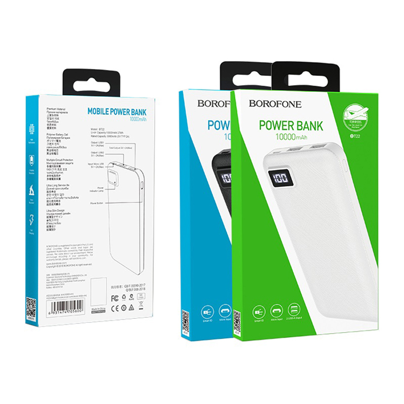 Pin Sạc Dự Phòng BOROFONE BT22 - Dung Lượng 10000mAh, Có Màn LCD - Hàng Chính Hãng