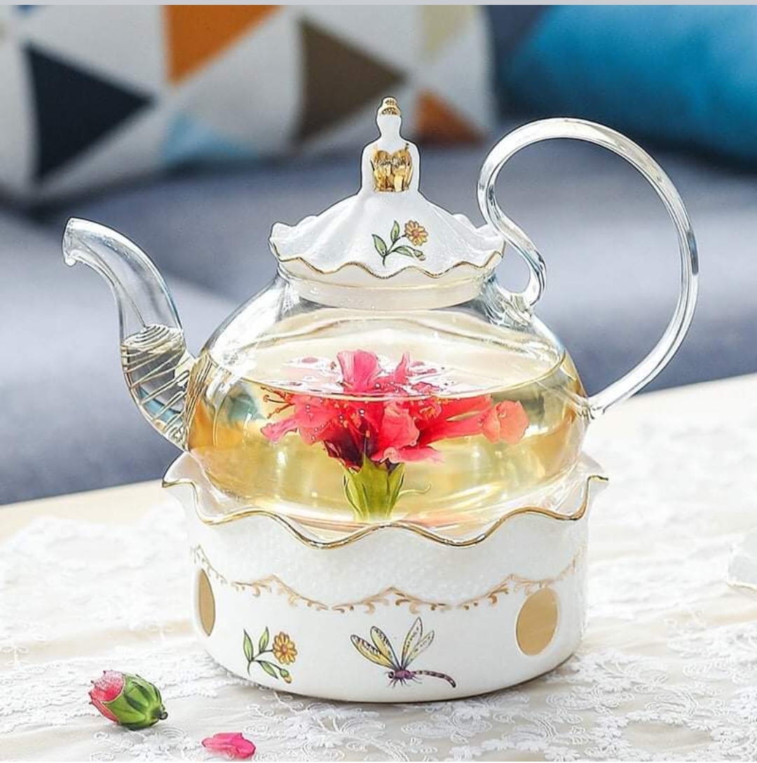 Bộ bình trà hoa hồng tím kèm khay và bếp trâm trà viền vàng sang trọng