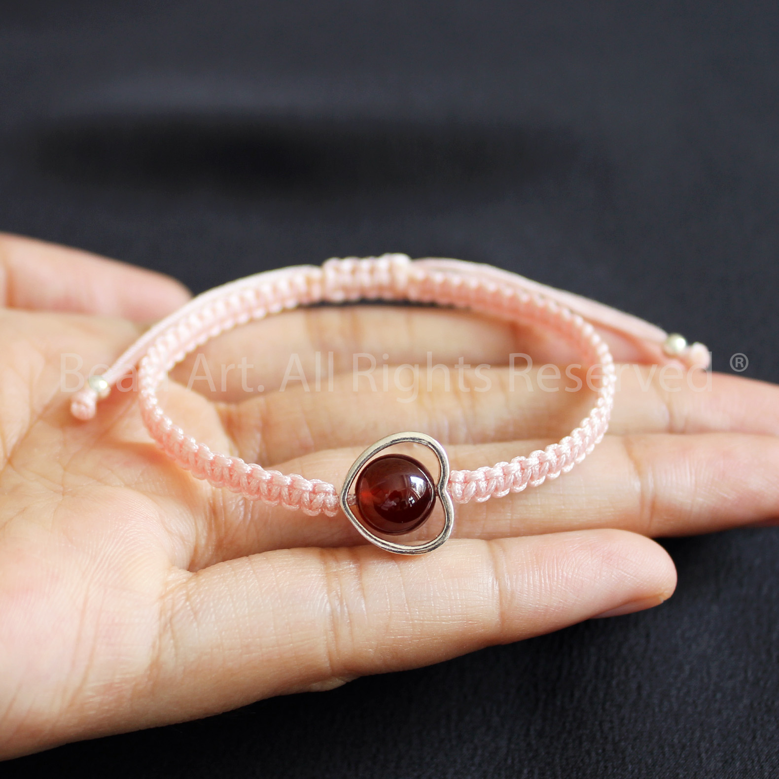 Vòng Tay Thắt Dây Đá Garnet Màu Hồng Lựu Bạc 925 Loại AA, Vòng Tay Phong Thuỷ, Chuỗi Hạt, Hoả, Thổ - Bead Art