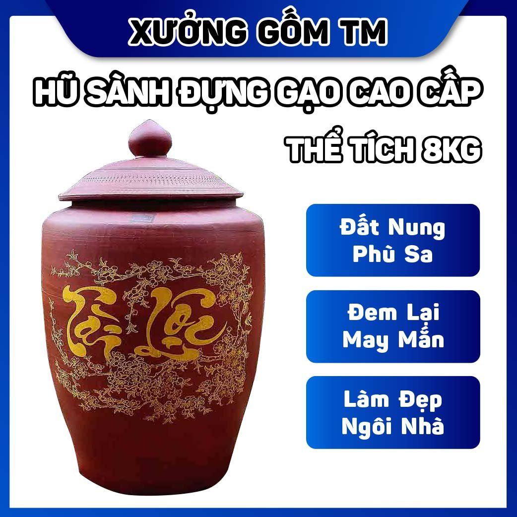 Hủ sành đựng gạo gốm sứ Bát Tràng có nắp màu nâu đỏ chữ Tài Lộc