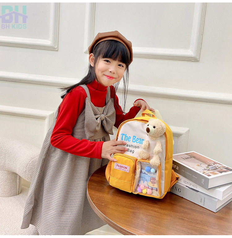 Balo kèm gấu bông xinh xắn BH Kids, chất vải Canvas, phù hợp với bé mẫu giáo, mầm mon - BHS34