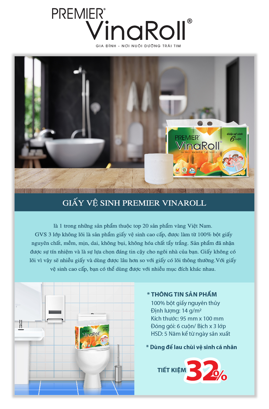 Giấy vệ sinh PREMIER VinaRoll không lõi - Combo 3 lốc