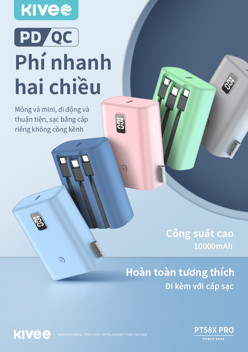 Pin Sạc Dự Phòng Kivee PT58X Pro Dung Lượng 10000mAh Sạc Nhanh 22,5W - Màu Ngẫu Nhiên