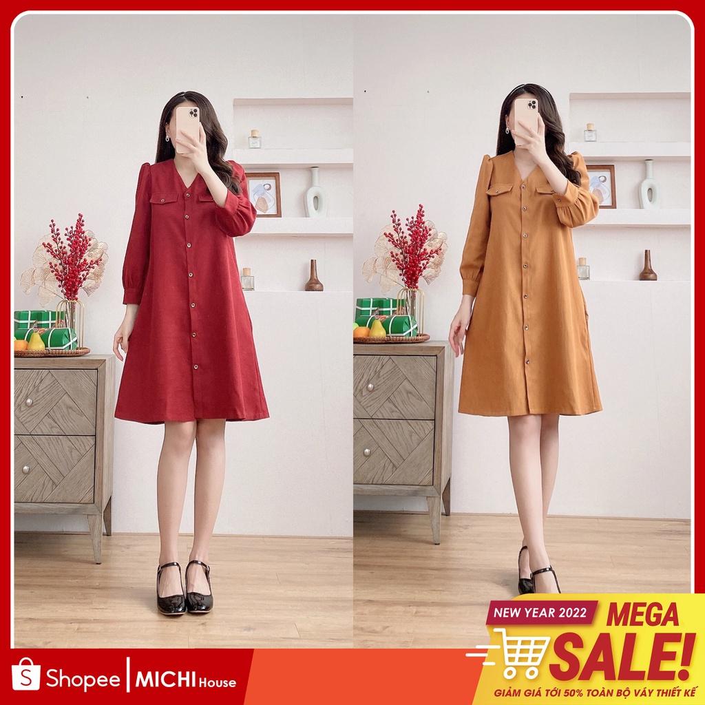 Đầm Suông Nhung Dài Tay MICHI House V62 Váy Xuông Thiết Kế Cổ V Cài Cúc Dễ Mặc