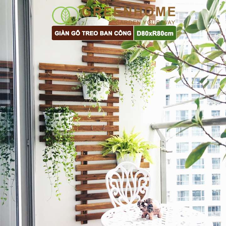 Giàn gỗ treo ban công, Greenhome, R80xC80cm, gỗ tràm siêu bền, màu gỗ, làm khung hoa hồng leo, bông giấy