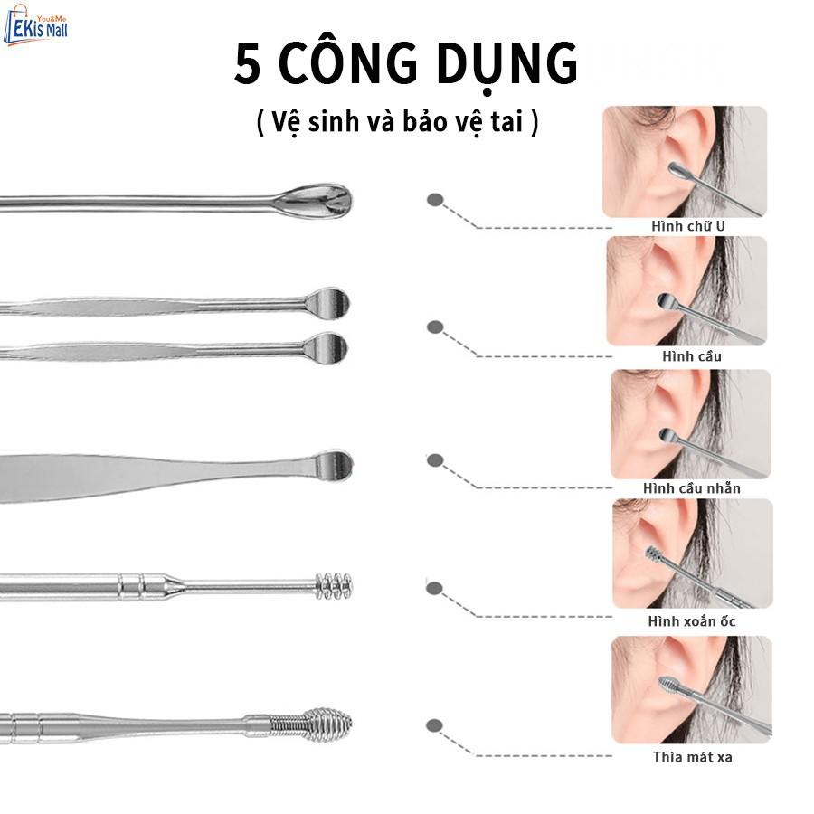 Bộ Dụng Cụ Lấy Ráy Tai Inox 6 Món - Ngoáy Tai Không Rỉ An Toàn, Có Móc Treo Tiện Lợi Khi Mang Theo