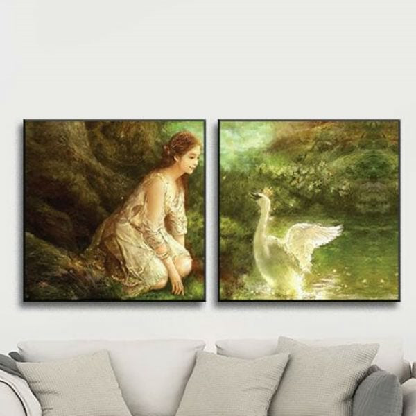 Bộ 2 Tranh Canvas Không Viền Treo Tường "Cô Gái Và Thiên Nga" W501