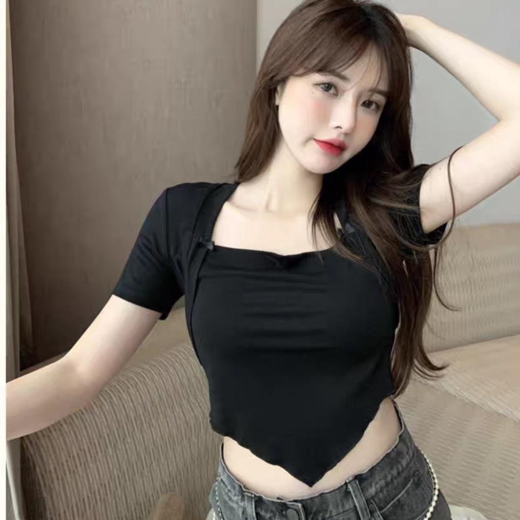 Áo thun tay ngắn cổ vuông bầu tà nhọndáng croptop bigsize hottrend, Áo phông chất borip co giãn A52