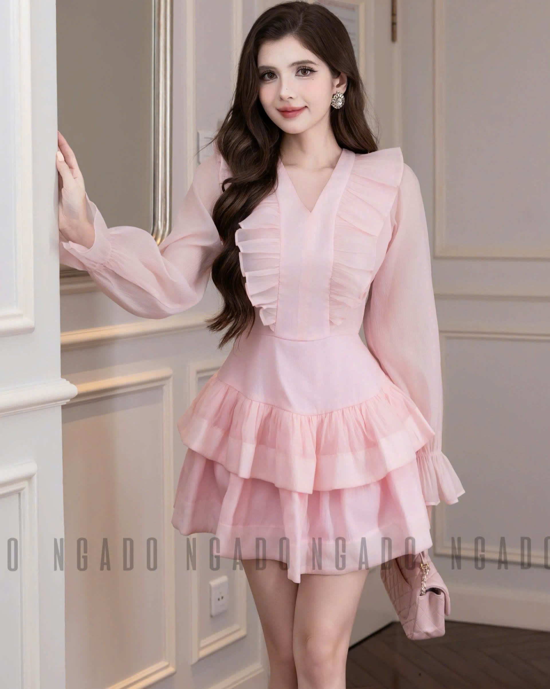 Đầm hồng tay voan NGADO , đầm voan , đầm nữ , đầm dự tệc, dạo phố