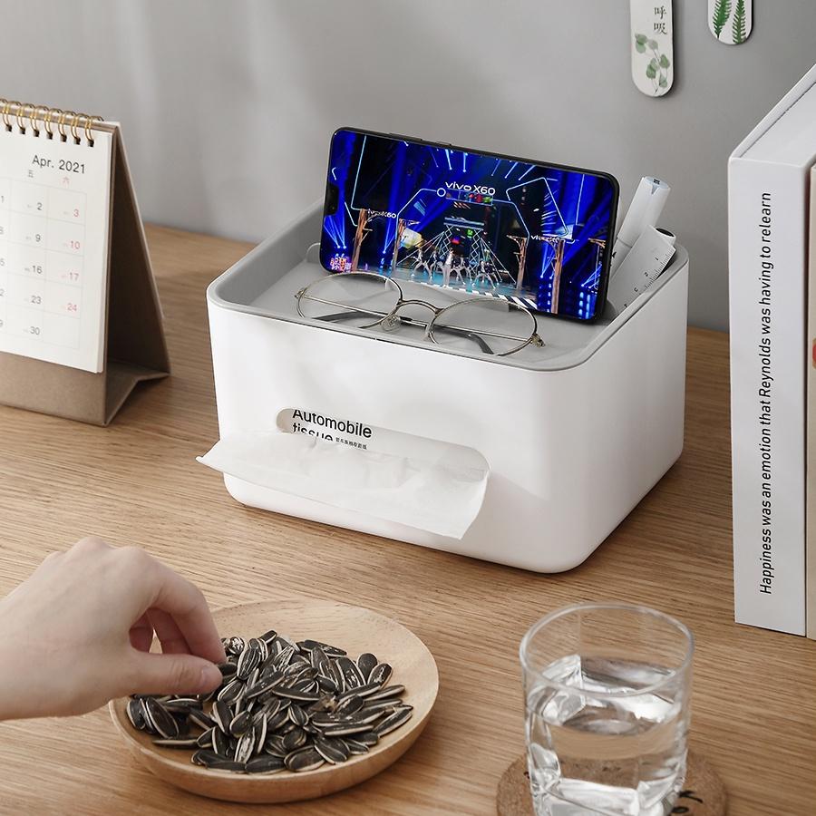 Hộp Đựng Giấy Ăn Để Bàn Có Ngăn Để Đồ Đa Năng, có khay kê điện thoại mắt kính - thiết kế sang trọng