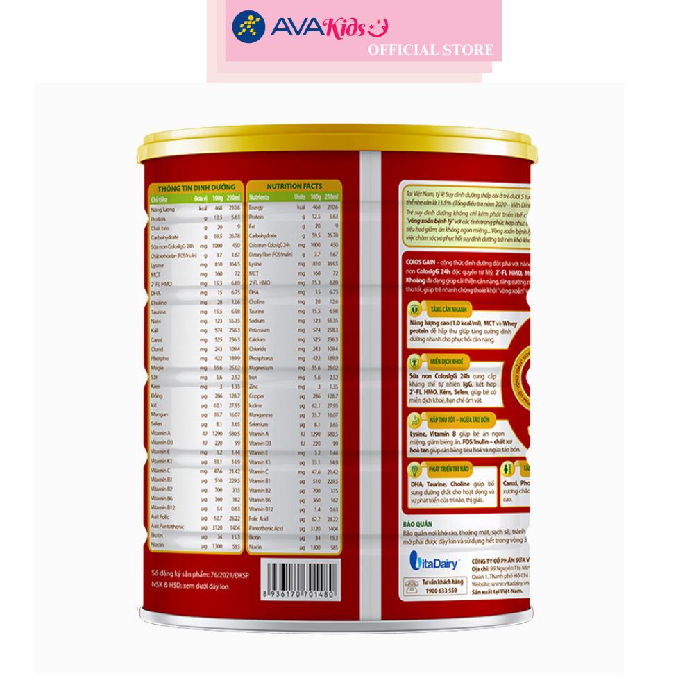 Sữa bột Colos Gain 1+ (sữa non) hương vani 800g (1 - 10 tuổi) - Hàng chính hãng