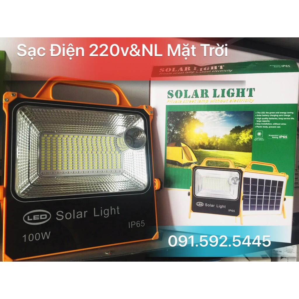 Đèn Pha Led Năng Lượng Mặt Trời 100w Cầm Tay, Sạc Được Cả Điện 220V&amp; Năng Lượng Mặt Trời