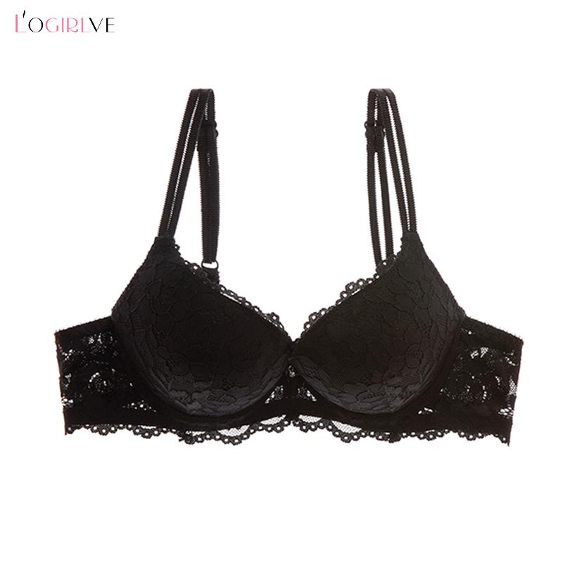 Logirlve Hot Sexy Push Up Bra V Sâu Yếm Cotton Dày Đồ Lót Nữ Ren Màu Tím Thêu Hoa Lót Một B cup Áo Lót