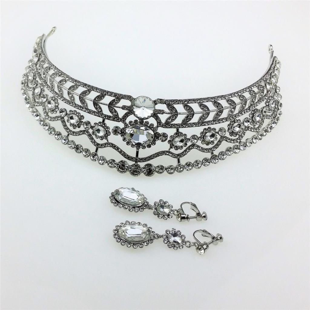 Wedding Diamante Rhinestone Baroque Tiara Crown Earrings Jewelry Set