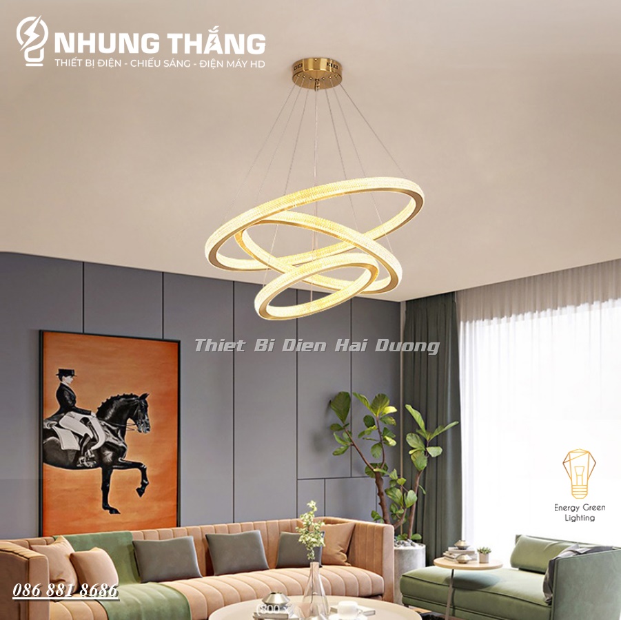 Đèn Thả Trần 3 Vòng Pha Lê Thân Vàng TBD838 - 3 Chế Độ Ánh Sáng - Có Điều Khiển Từ Xa - Tăng giảm Ánh Sáng - Có Video