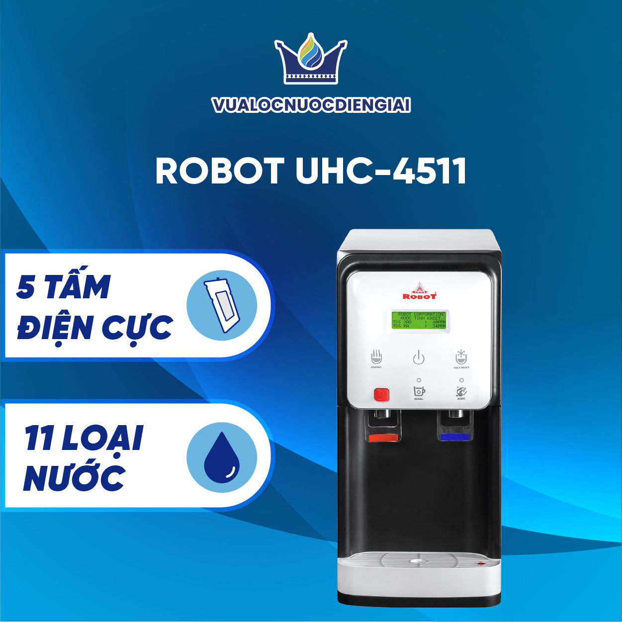 Máy Lọc Nước Điện Giải Ion Kiềm ROBOT UHC 4511 Mẫu Tủ Để Bàn Nóng Lạnh Nguội - Hàng Chính Hãng