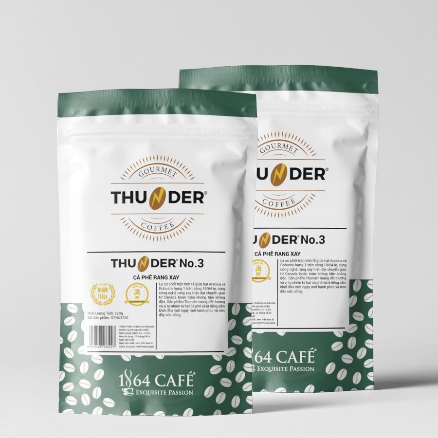 Combo 02 Bao Cà Phê Bột Rang Xay Hạng 1 sàng 18/64 in Tổng Trọng Lượng 440g THUNDER No.3 - 1864 CAFÉ