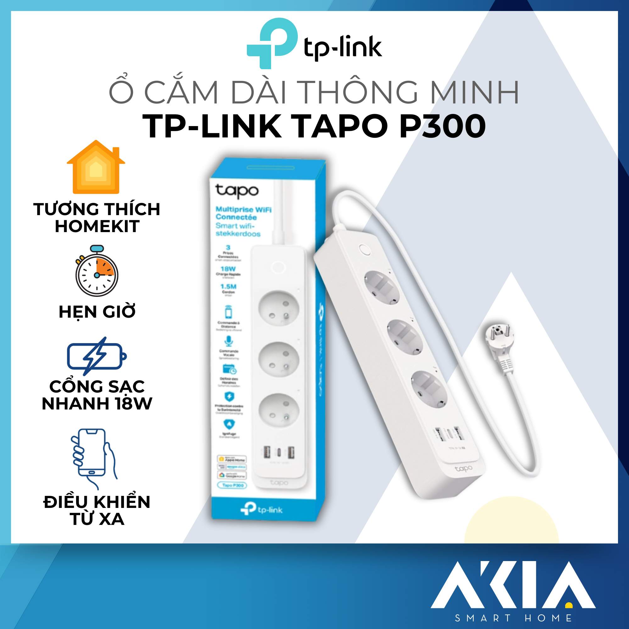 Ổ cắm Wifi thông minh TP-Link Tapo P300 - Hẹn giờ, điều khiển từ xa, 3 ổ cắm độc lập, cổng sạc nhanh 18W, tương thích Homekit - Hàng chính hãng