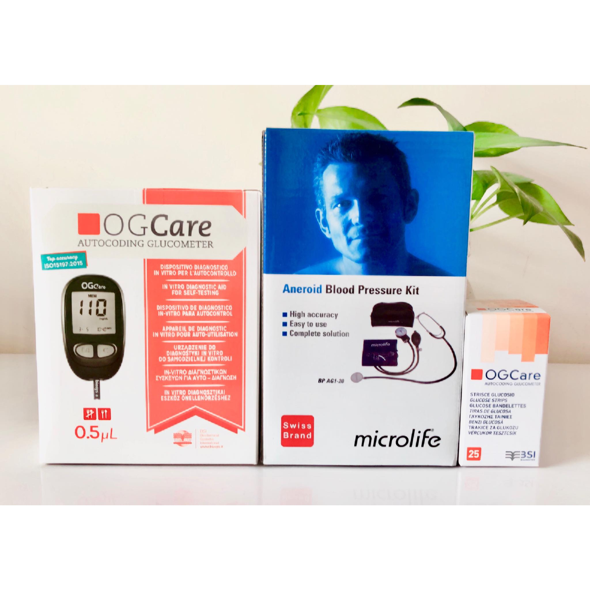 Trọn bộ Máy đo đường huyết OGCARE tặng bộ đo huyết áp cơ Microlife