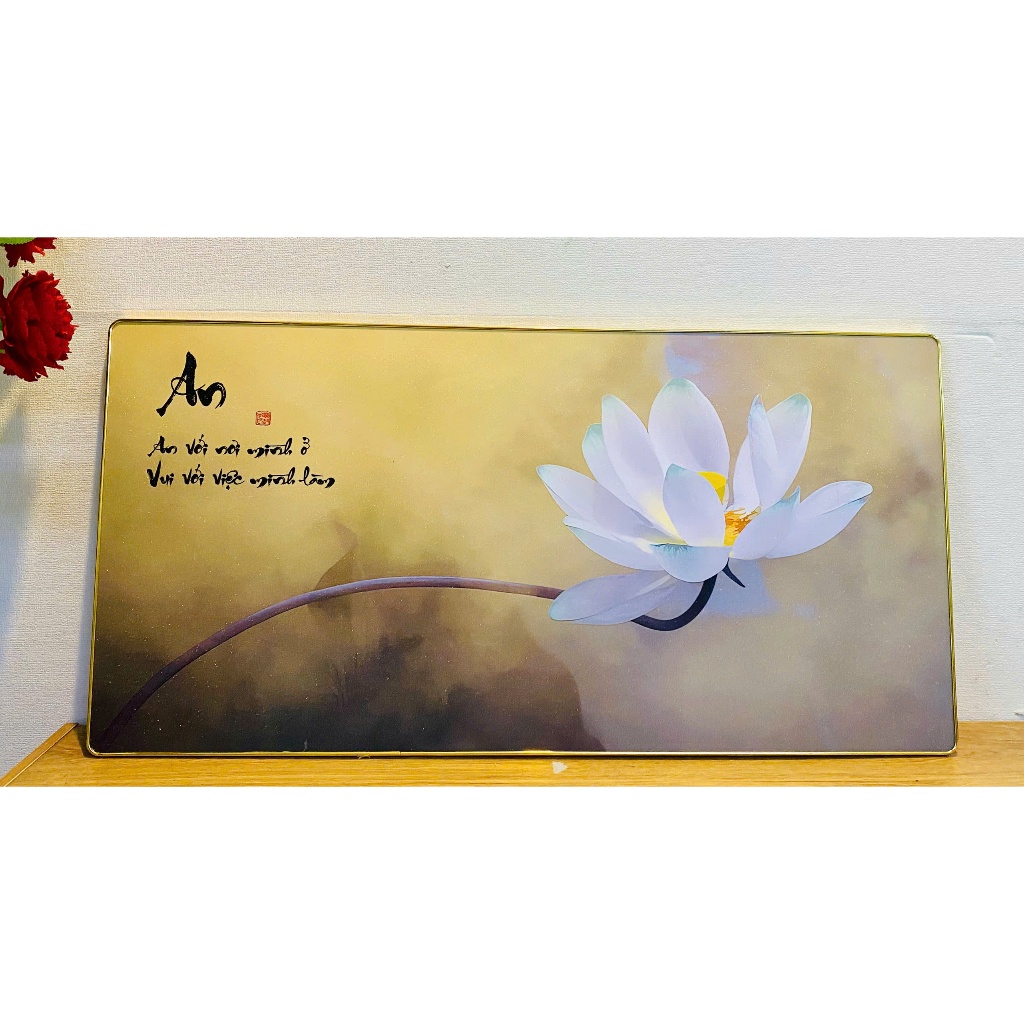 Tranh treo tường  chữ nhẫn và hoa sen trắng trang trí phòng khách kèm đinh treo