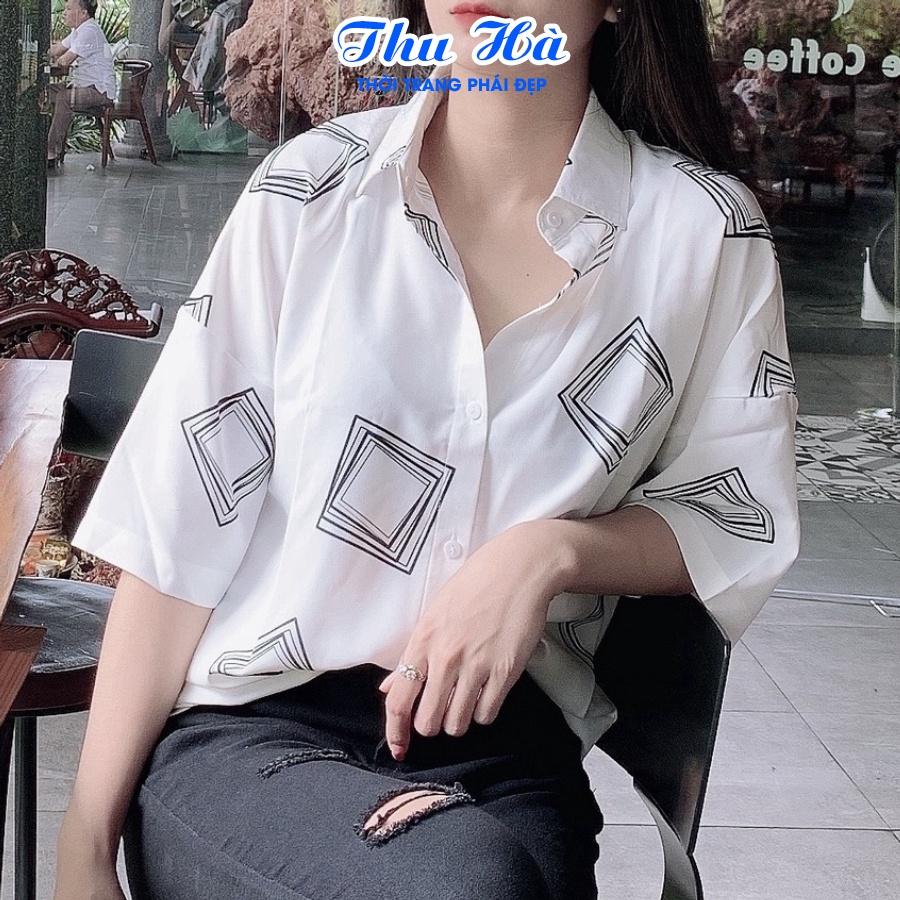 Áo sơ mi nữ form rộng tay lỡ Thu Hà sơ mi kiểu chất liệu đũi trơn mịn mát in hình Ô Vuông Đen Trắng