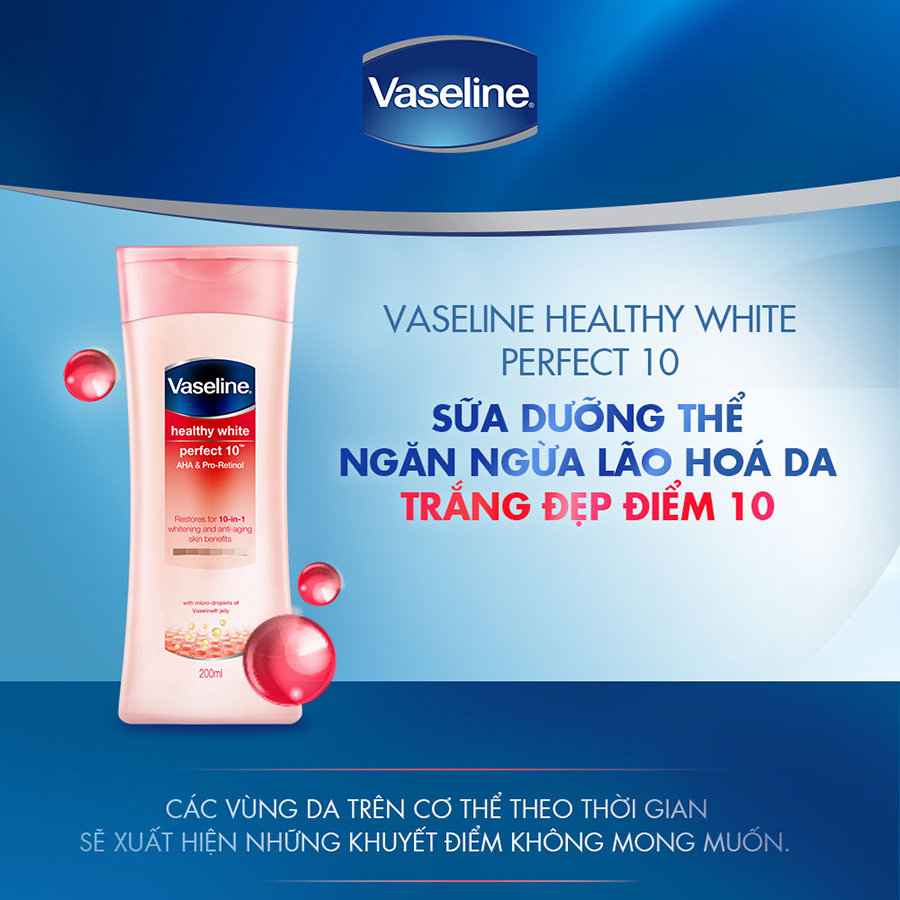 Sữa dưỡng thể Vaseline Perfect Youth ngăn ngừa lão hóa với phức hợp Pro-retinol kích thích da sản sinh Collagen và hoạt chất AHA cải thiện nếp nhăn 200ml