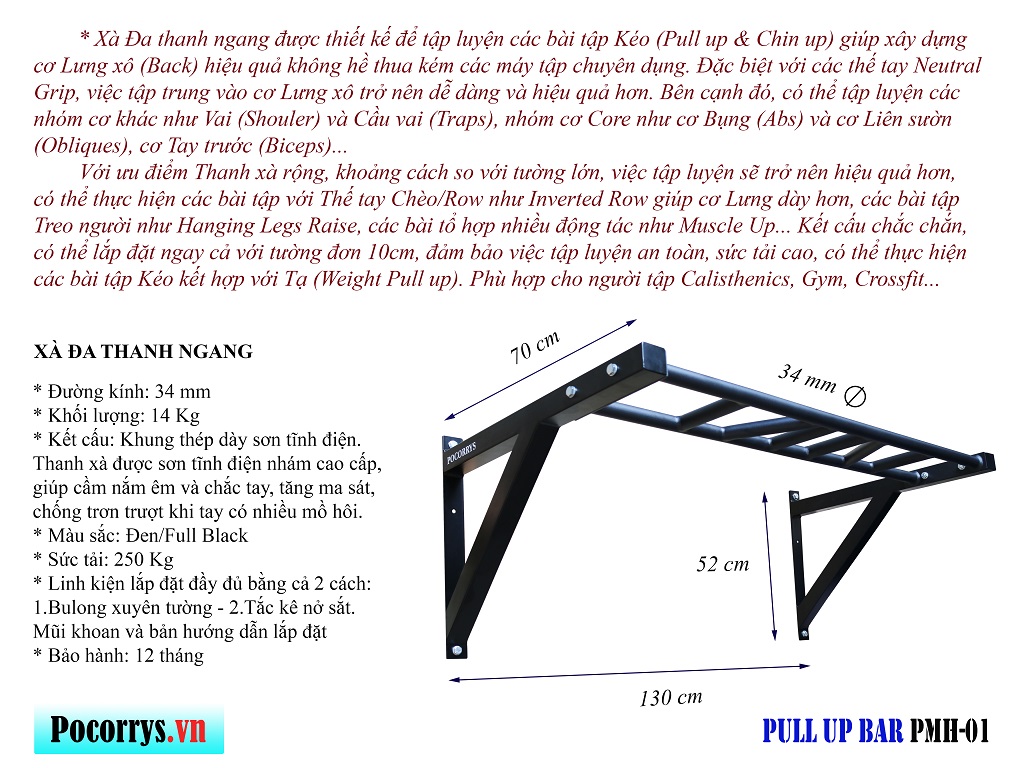 Xà đơn gắn tường, nhiều tay nắm, Xà đa thanh ngang, Pull up bar Pocorrys PMH-01, Màu đen