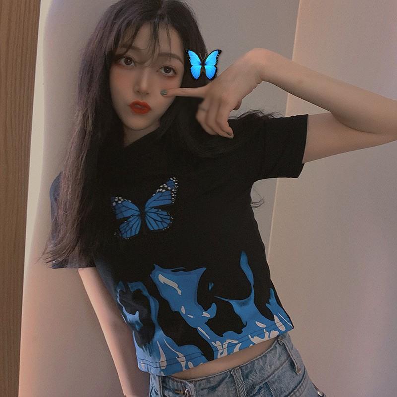 Áo Thun Tay Ngắn In Hình Bướm Phong Cách Retro Cho Nữ
