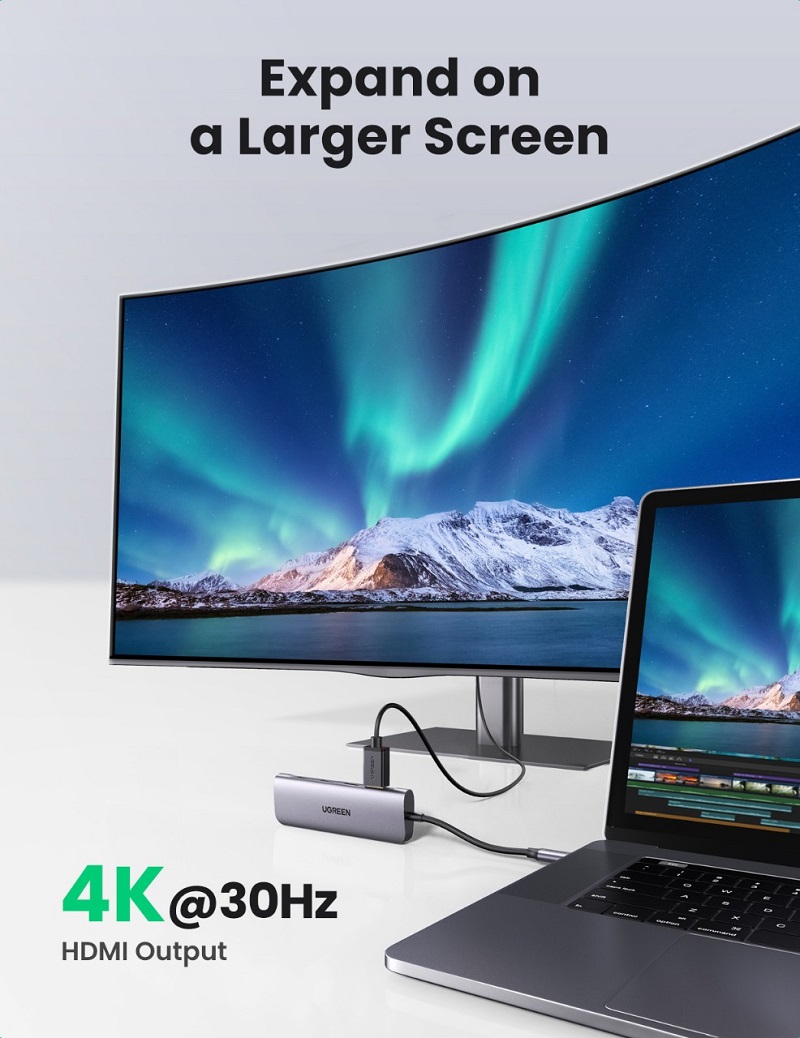 70410 Bộ chuyển đổi 6 trong 1 USB typeC sang HDMI 4K30HZ, 3 USB 3.0, đọc thẻ SD, TF Ugreen - hàng chính hãng