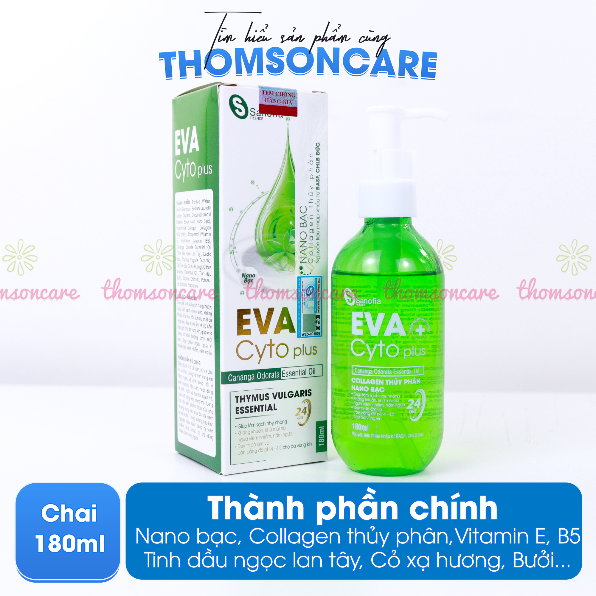 Dung dịch vệ sinh phụ nữ Eva Cyto Plus - giúp vệ sinh, làm sạch nhẹ nhàng, khử mùi, cân bằng pH từ thảo dược- Chai 180ml Thomsoncare