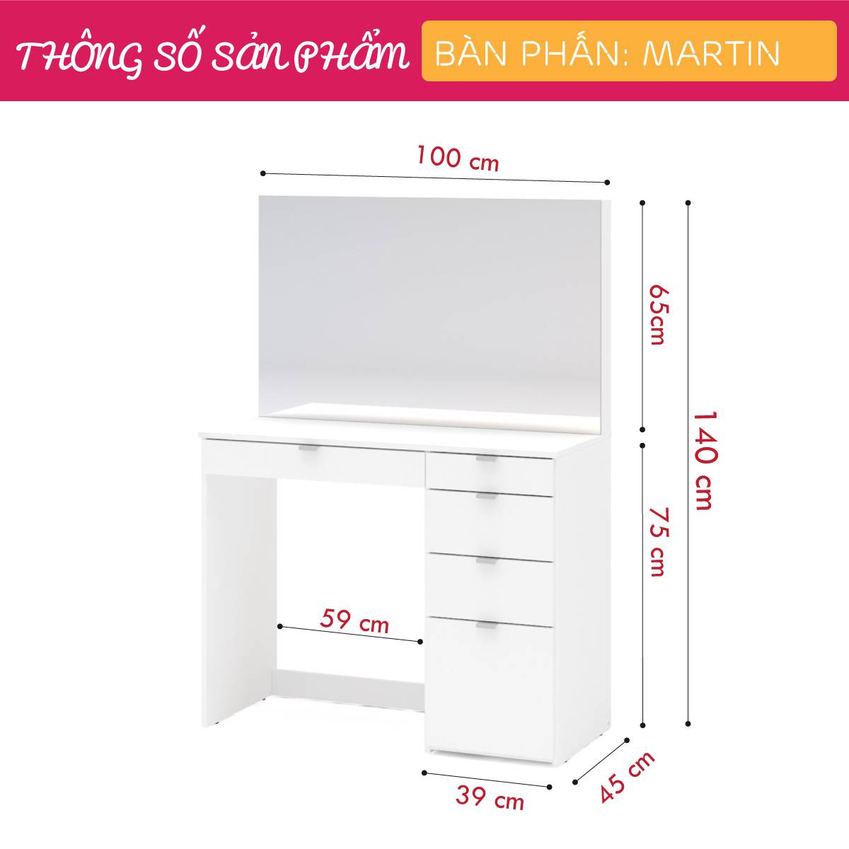 Bàn trang điểm gỗ hiện đại SMLIFE Martin | Gỗ MDF dày 17mm chống ẩm | D100xR45xC140cm