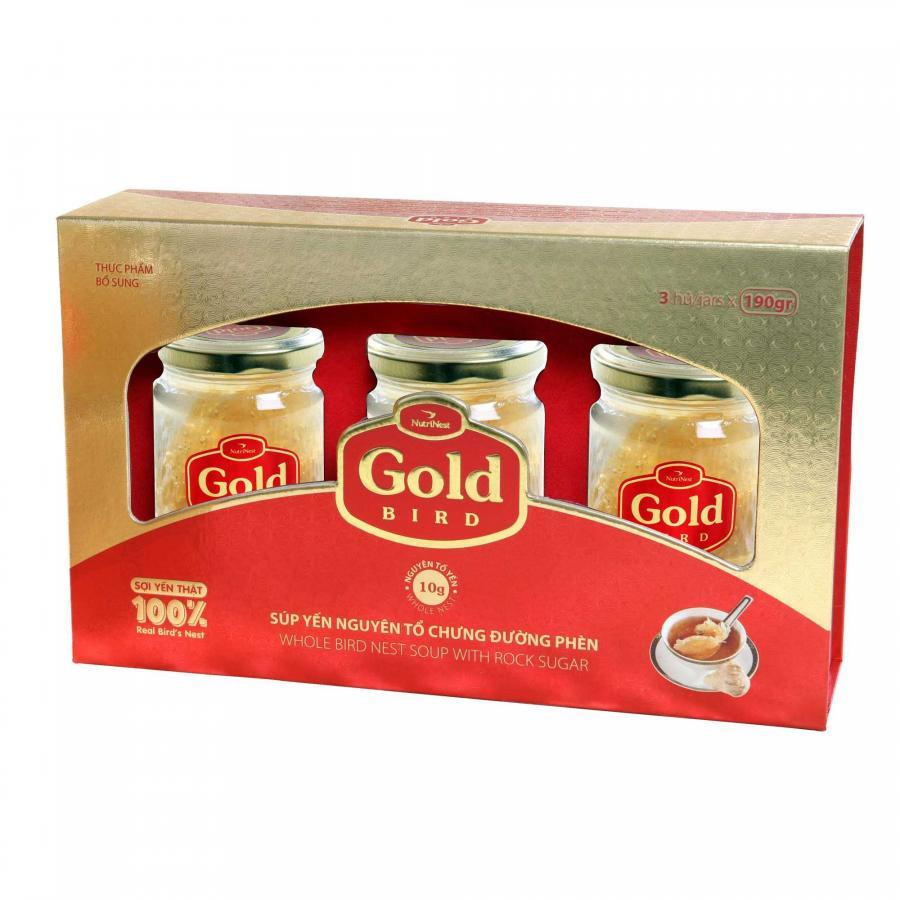 Hộp Quà Gold Bird - Nước Yến Sào Chưng Đường Phèn Nguyên Tổ 10g (3 hũ x 190g)