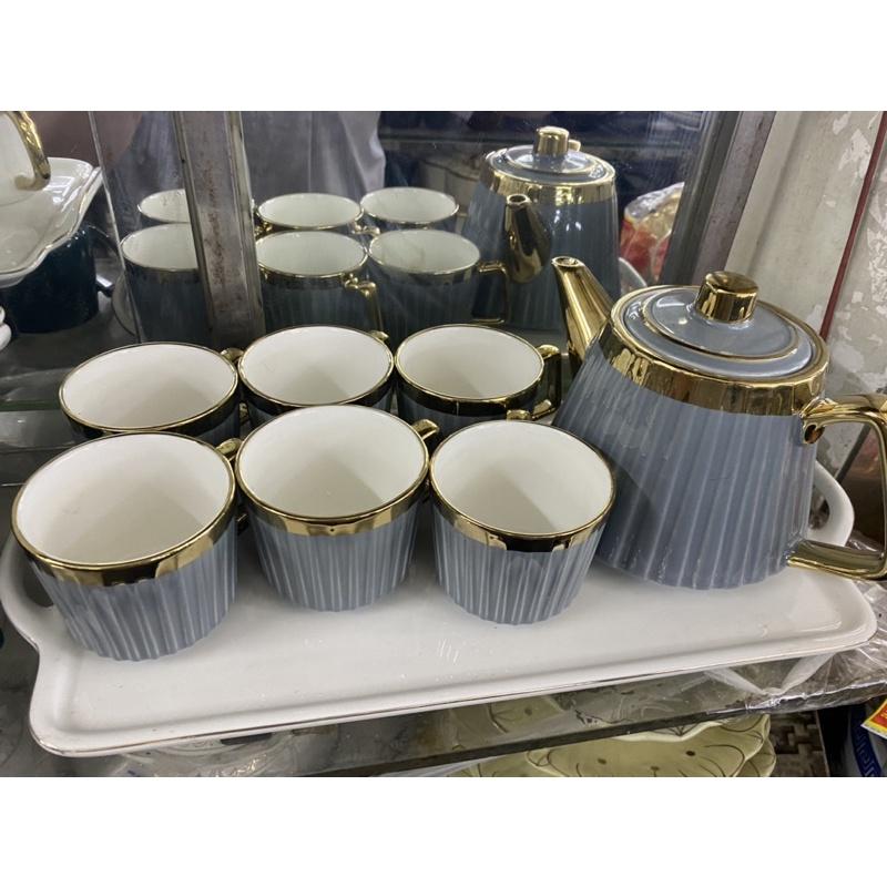 Bộ tách trà xanh và trắng cao cấp viền vàng