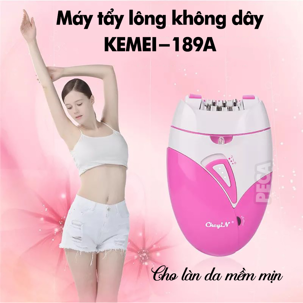 Máy tẩy lông Kemei KM-189A tẩy và nhổ lông toàn thân, cạo lông tay chân, tẩy sạch lông vùng bikini sử dụng pin sạc chuyên nghiệp điều chỉnh 2 mức tốc độ